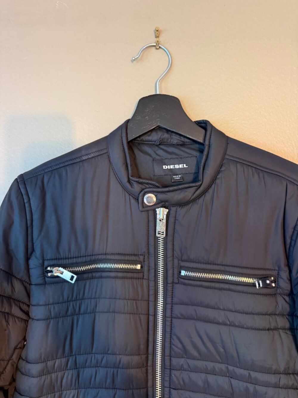 Diesel Black Quilted Nylon Moto Puffer Jacket Cosmic Noise Men's Size M - Picture 6 of 10